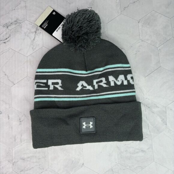 Under Armour Fleece Cuffed Knit Beanie Pom Hat Mens Grey Teal One Size New NWT - Picture 1 of 5